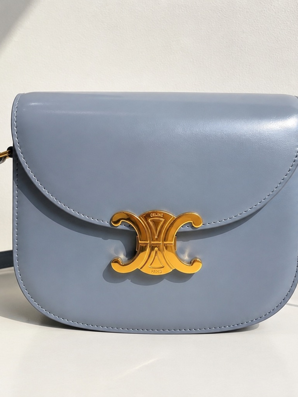 RARE CELINE Small Triomphe Bag Blue Gray Shiny Calfskin Gold Hardware Authentic